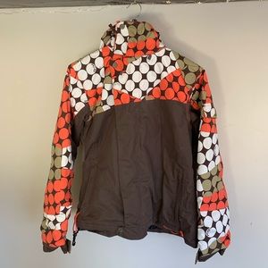 Rip Curl Polka Dot Brown, White, & Coral Winter Snow Boarding Ski Jacket & Pouch